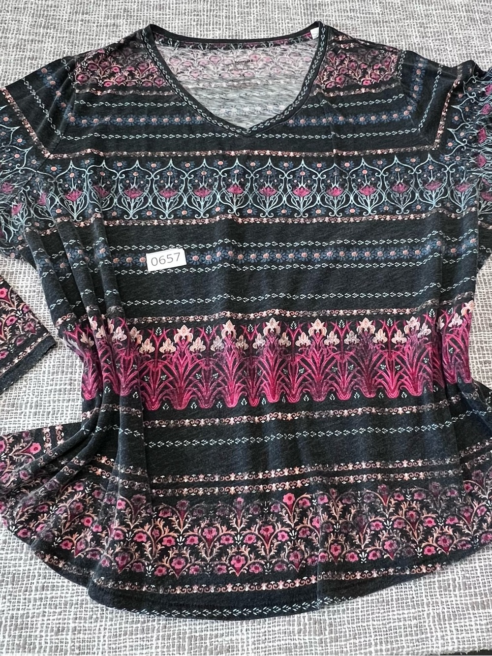 Sonoma Black V-Neck Long Sleeve Top with Pink Floral Stripe Pattern
